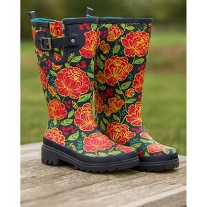 Western Chief Womens Vintage Garden Navy Floral Rubber Leather Rain Boots sz 7
